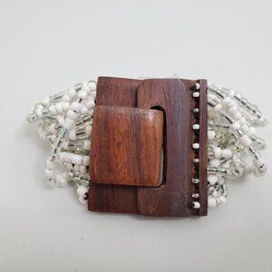 Beaded‎ Bracelet Stretch Wood Chunky White Silver T